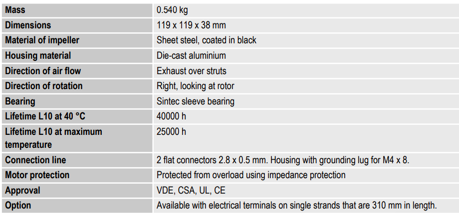 Техническое описание Ebmpapst 119x119x38 AC